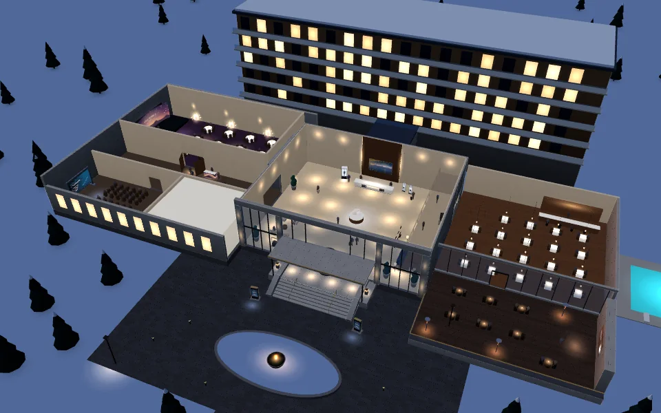 The 3D hotel seen from above at dusk, its lobby, meeting wing and restaurant lit