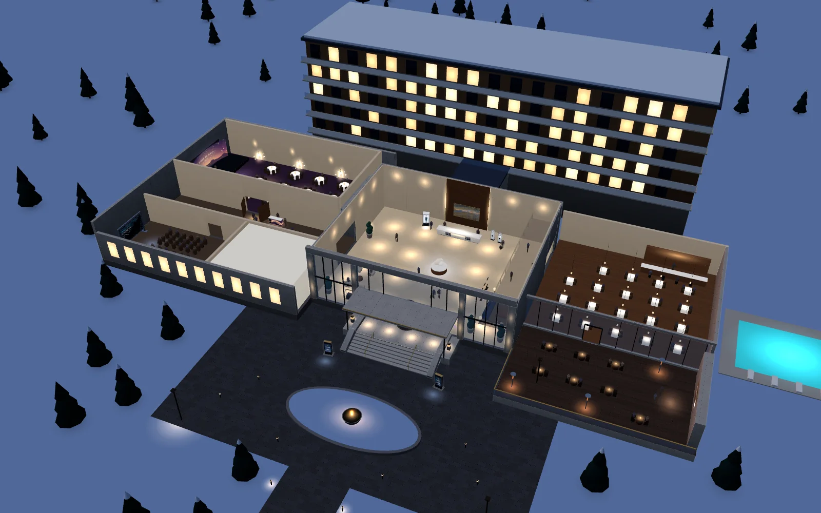 L’hôtel en 3D vu d’en haut au crépuscule, ses quinze étapes repérées