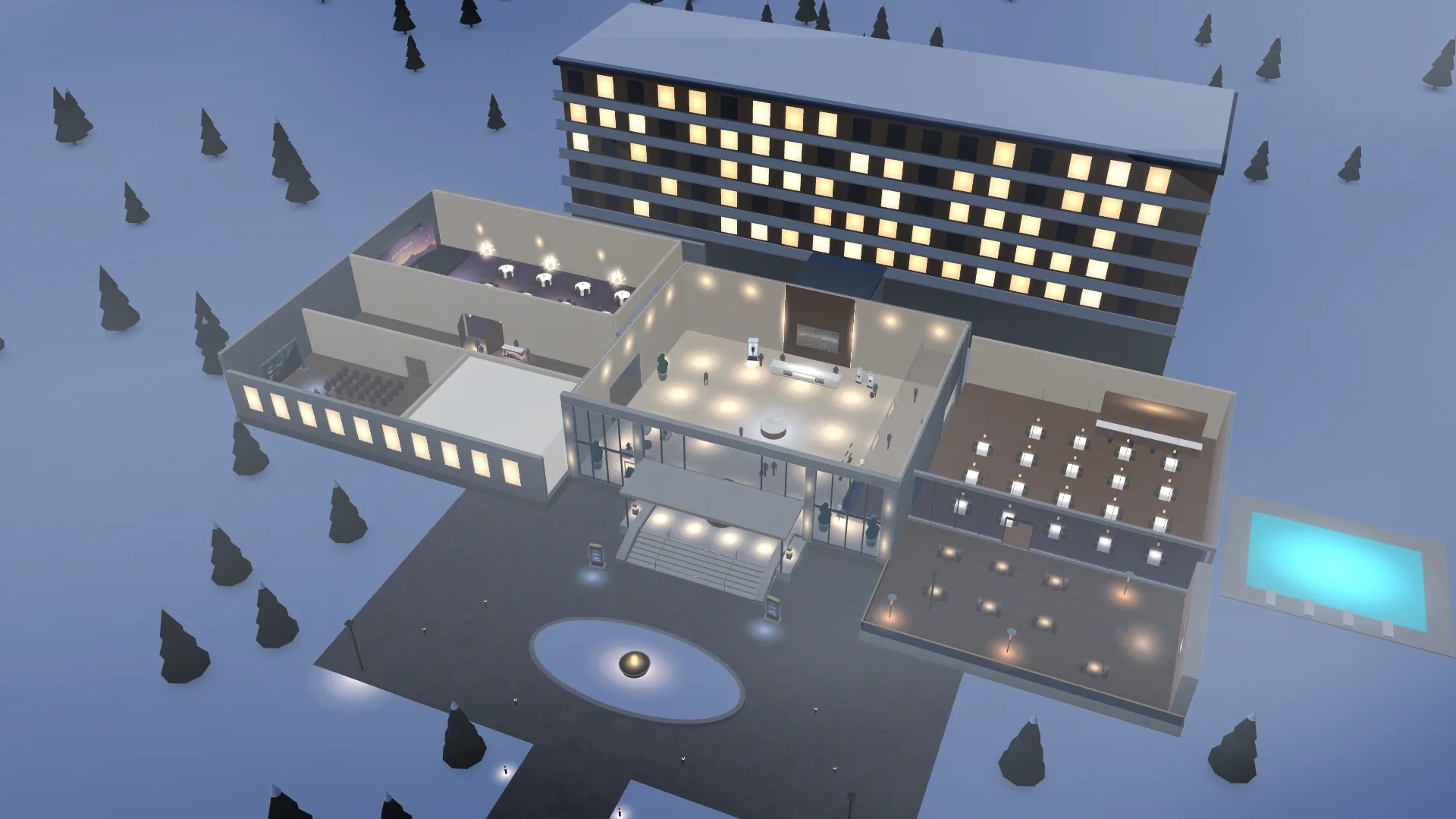The 3D hotel of its page seen from above at dusk: the lit steps, the lobby, the meeting wing and the pool