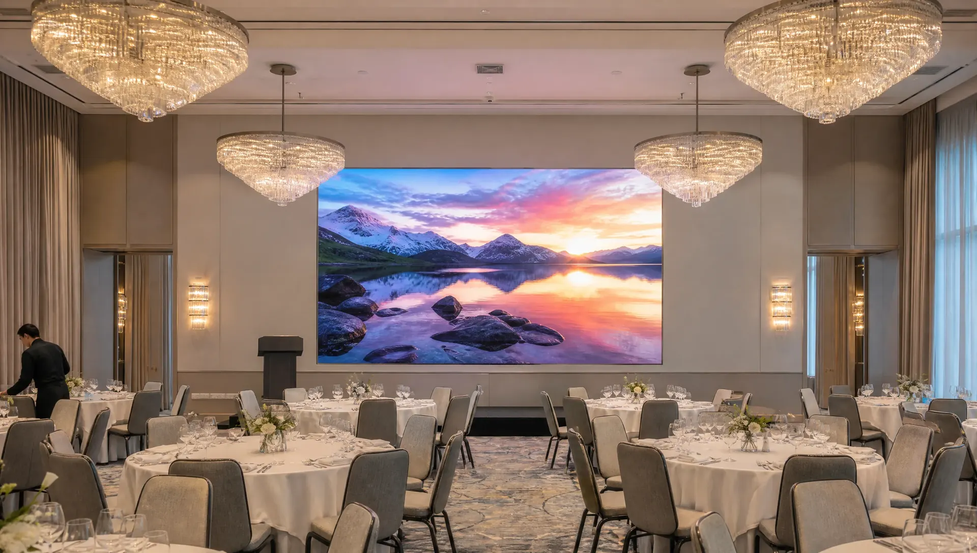 Ballroom set for a gala, round tables under chandeliers, an LED wall showing a mountain lake at dusk
