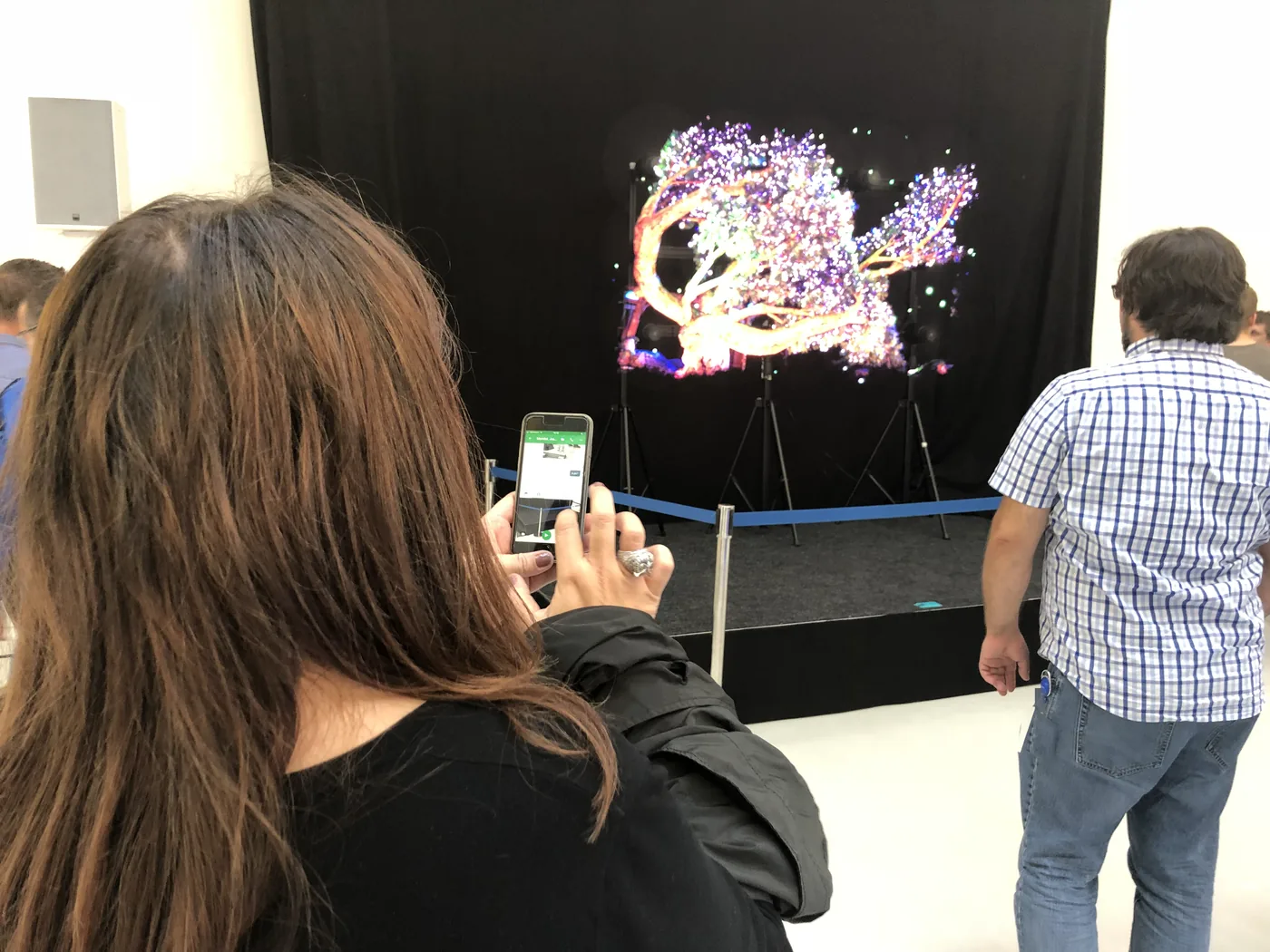 HYPERVSN hologram showing a flowering tree in mid-air on a stand, a visitor filming it with her phone