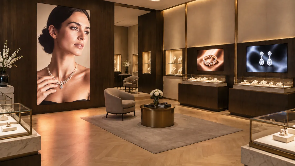 Jewellery boutique with a tall LED screen set flush into the back wall, display cases around the room