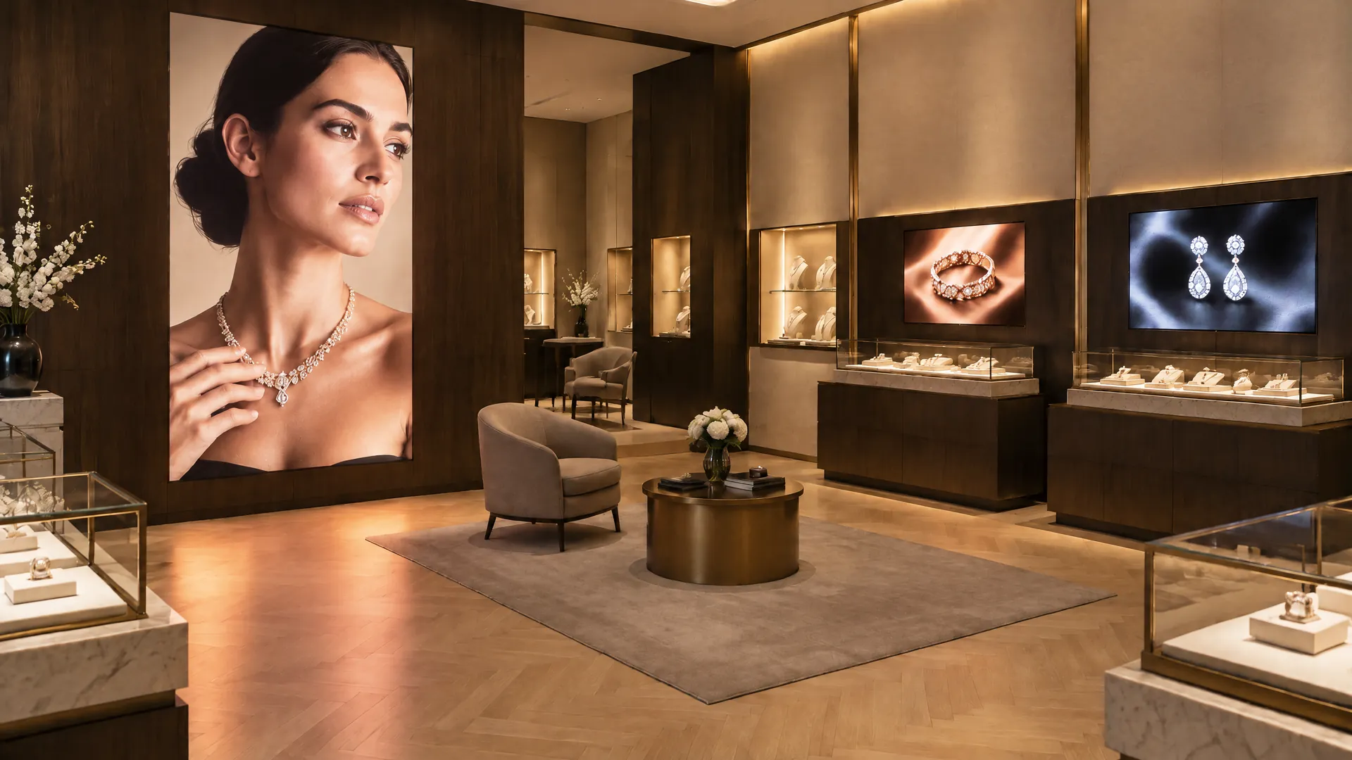 Jewellery boutique with a tall LED screen showing a woman wearing a necklace, display cases around the room