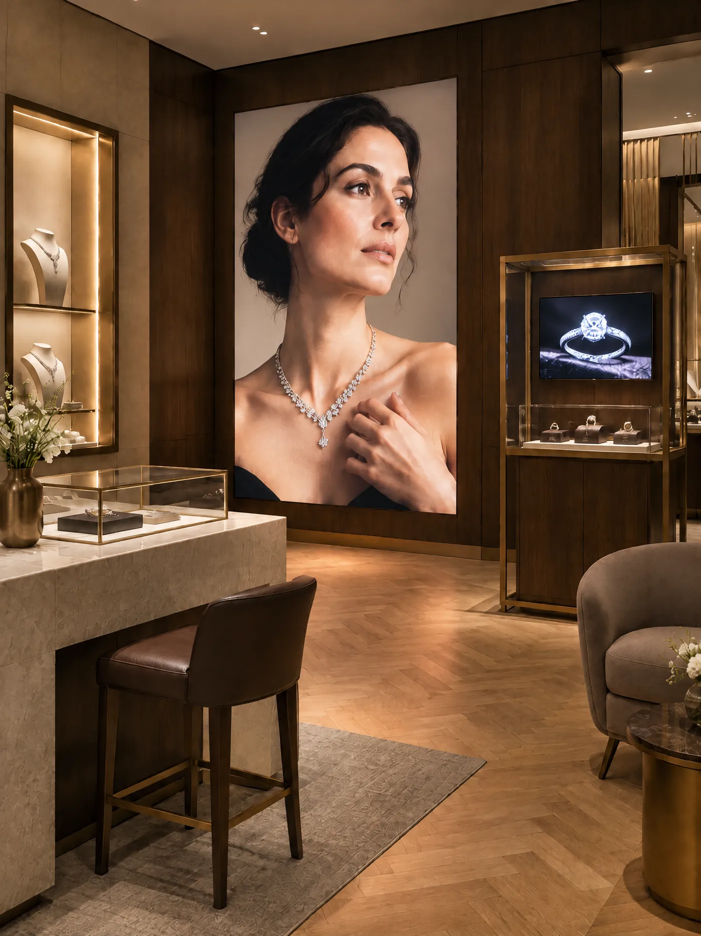Indoor LED screen flush in the wall of a jewellery boutique, a smaller screen built into a display cabinet