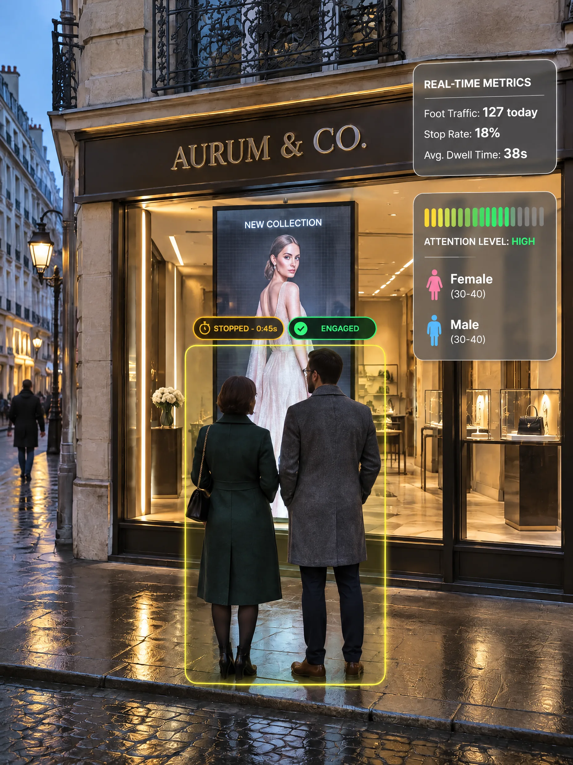 Night street, a shop window with a portrait LED screen showing a new collection; two people stand in front of it inside a detection frame, anonymous metrics shown beside them