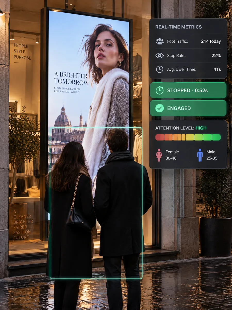 Shop window in the evening: two passers-by stopped in front of a portrait LED screen; beside it, cards show the audience metrics: foot traffic, stop rate, dwell time, attention level, age and gender brackets