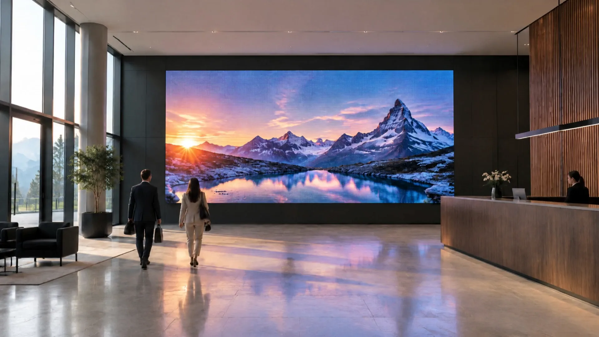 Large seamless indoor LED wall in a corporate lobby, visitors walking towards the reception desk