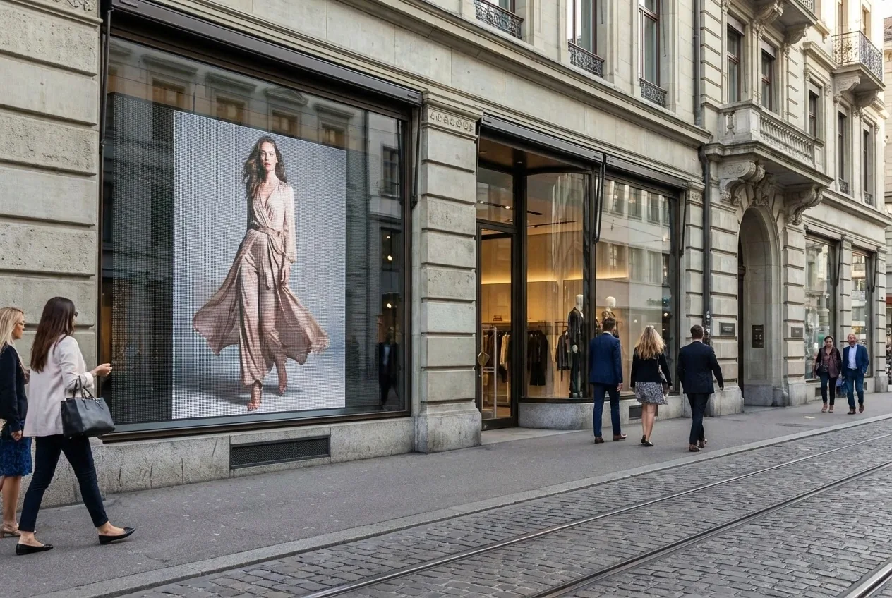 Portrait LED screen in a shop window on Bahnhofstrasse, Zurich