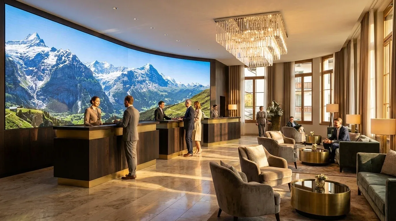 Curved LED wall behind the reception desks of a hotel lobby, snow-capped mountains on screen, guests at the desks