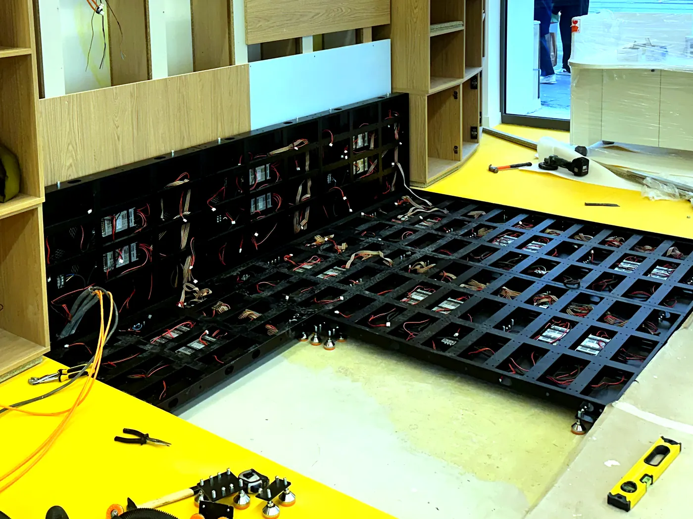 Close view of the panels of an LED floor built to be walked on