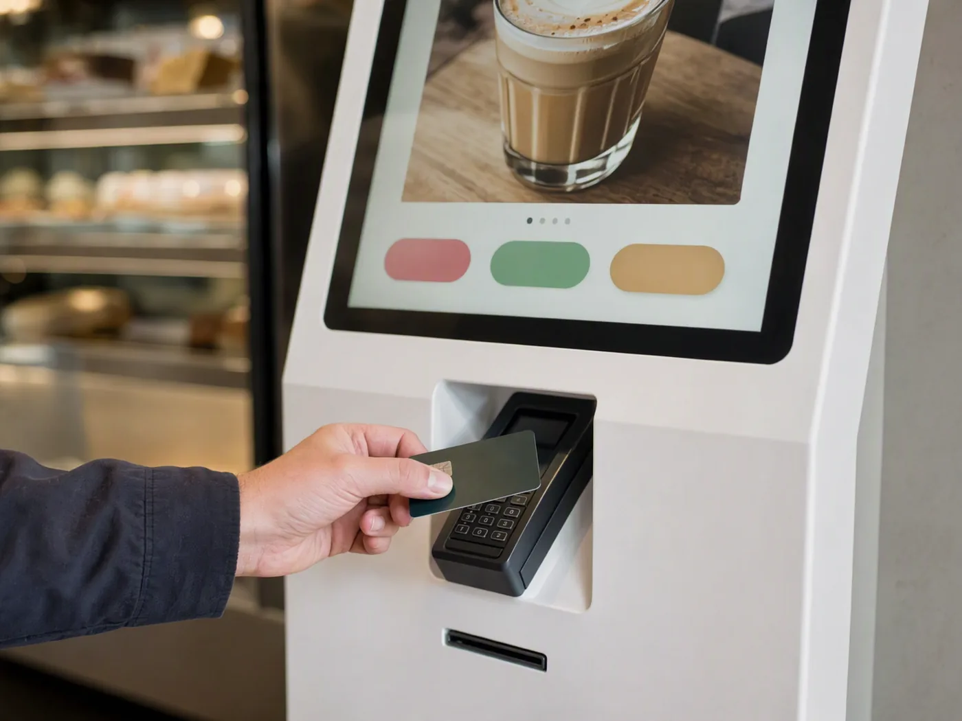 Customer paying on the payment terminal built into a self-service kiosk