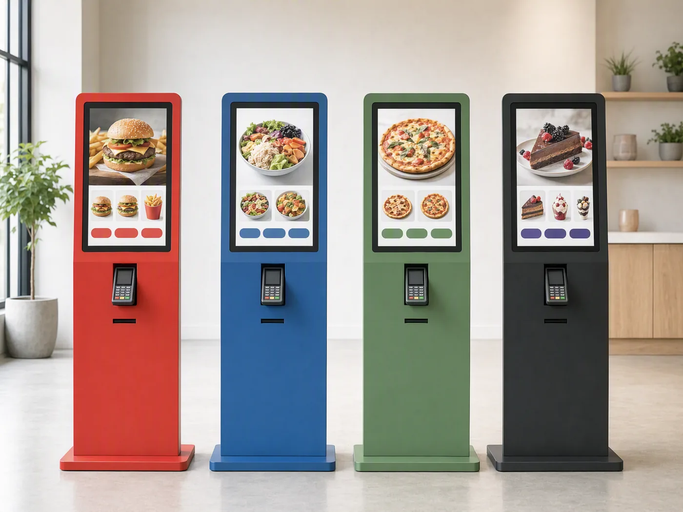 Self-service kiosks with housings in different RAL colours