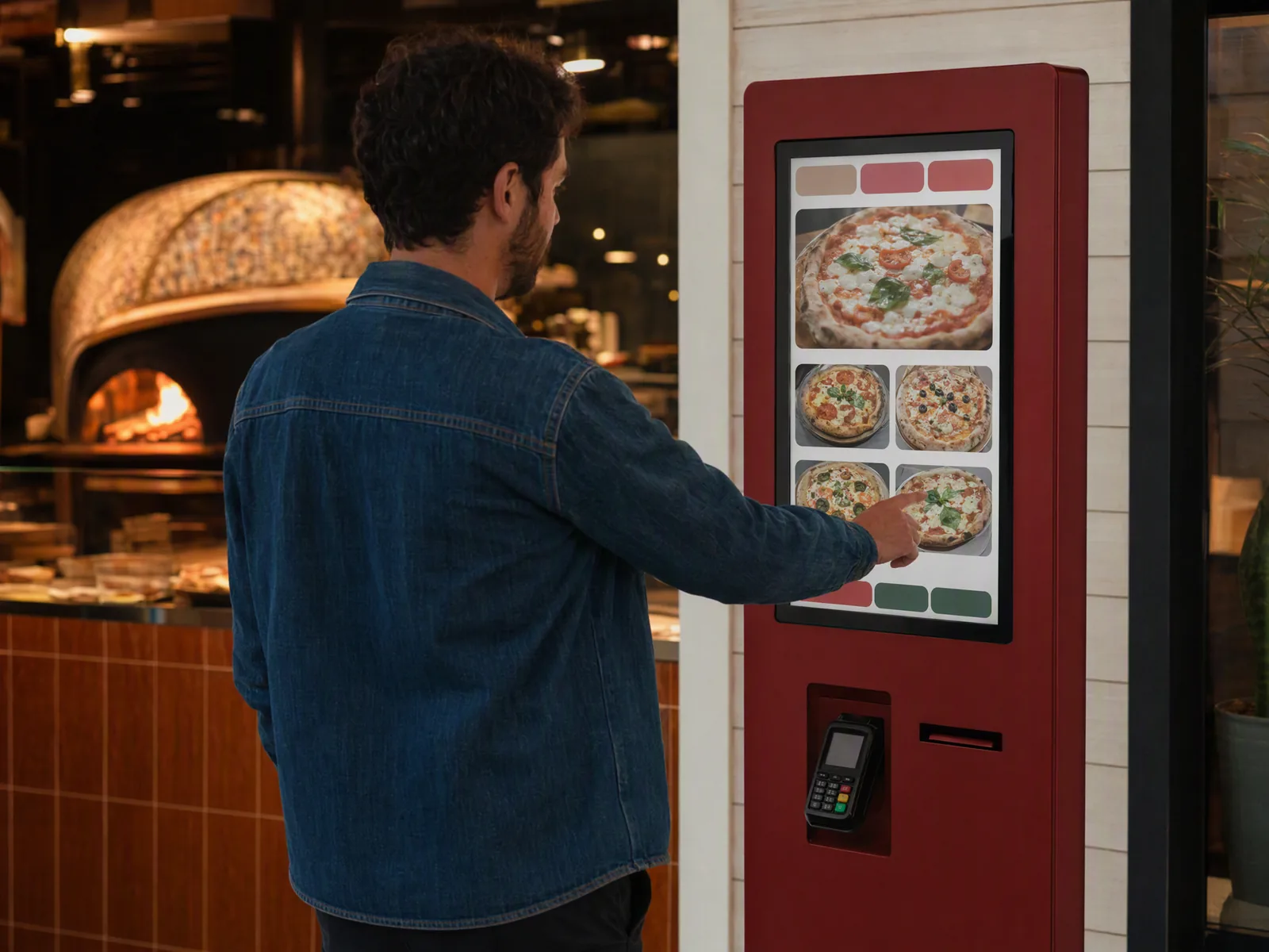 Customer ordering on a self-service kiosk in a restaurant