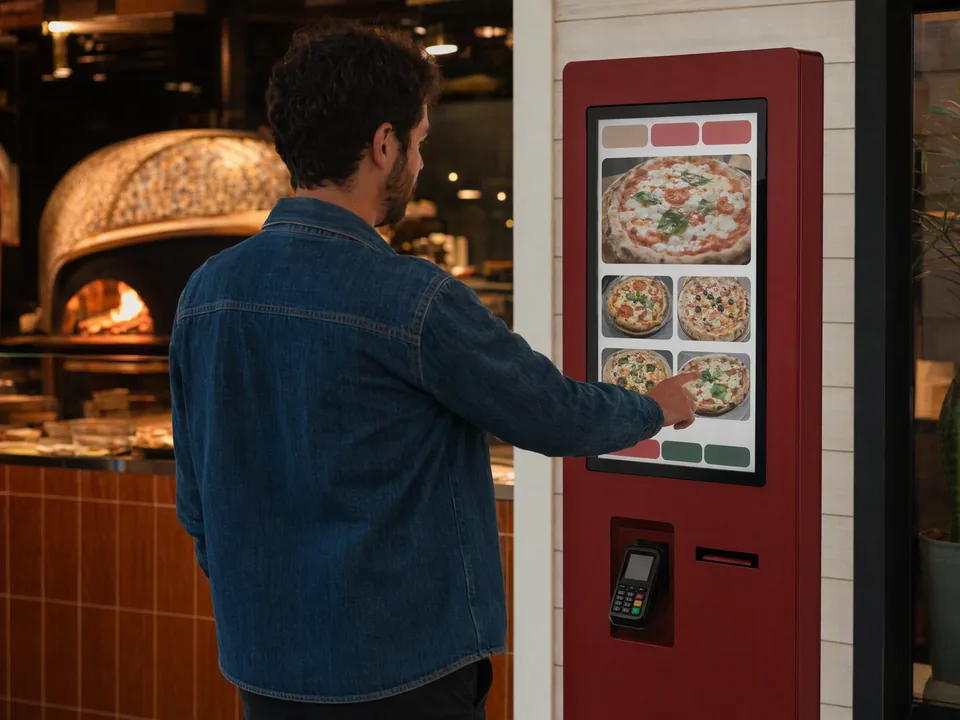 Customer ordering on a self-service kiosk in a restaurant