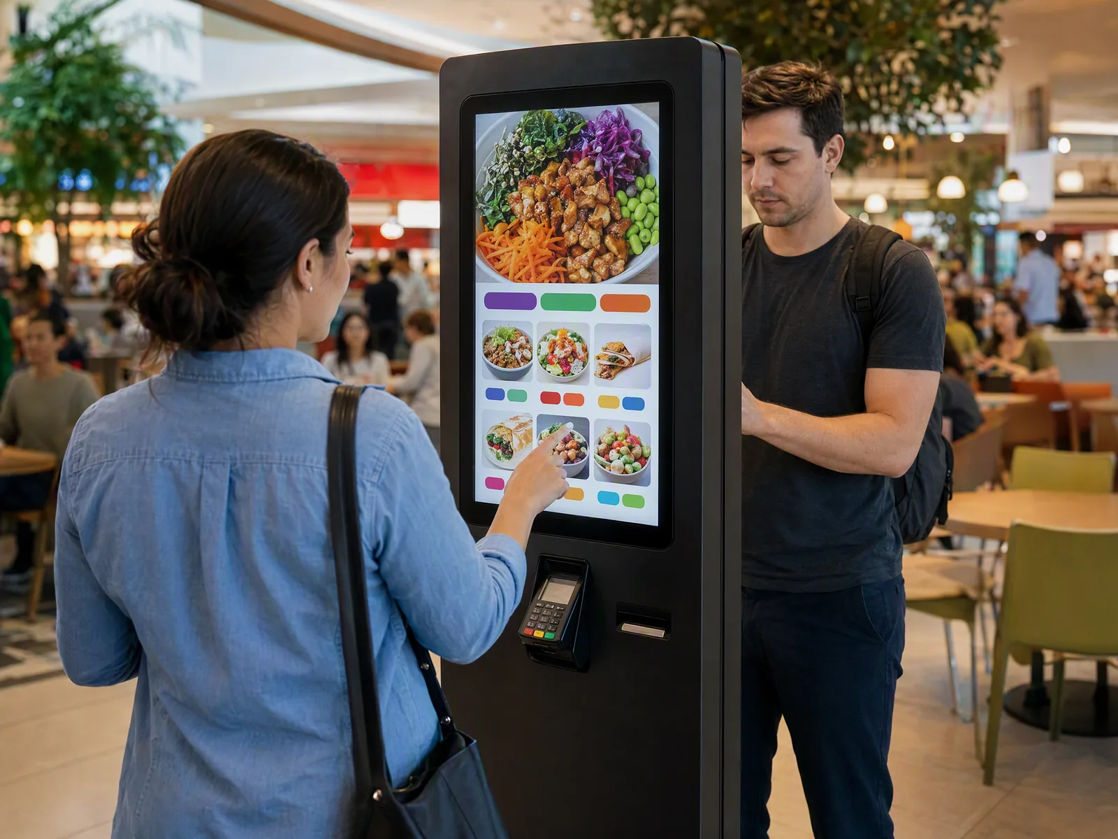 Two people at a self-service ordering kiosk in a busy food court