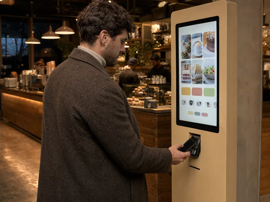 Customer paying by card at a self-service kiosk in a café, pastries on the counter behind