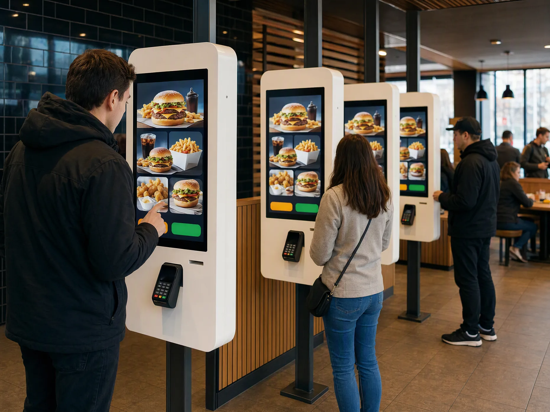 Row of self-service kiosks in a restaurant, the same menu on every screen, customers ordering