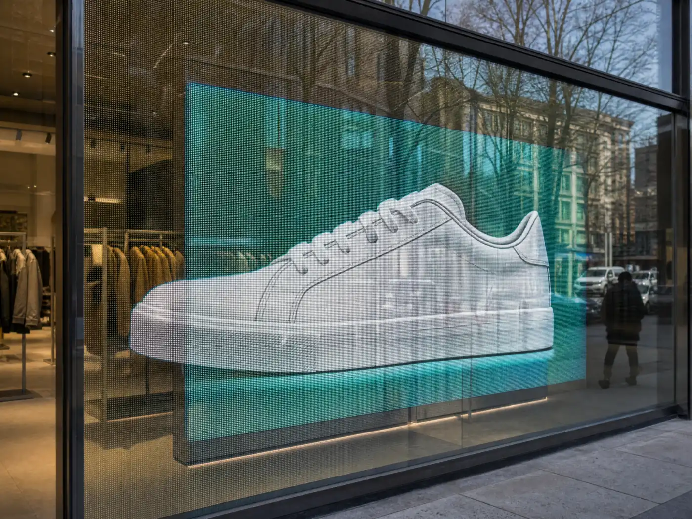Picture showing on the glass of a shop window fitted with LED film
