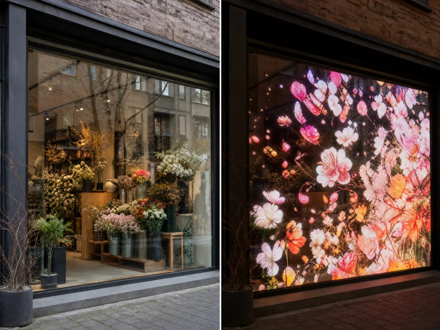 The same shop window by day, transparent, and at night, showing a bright picture