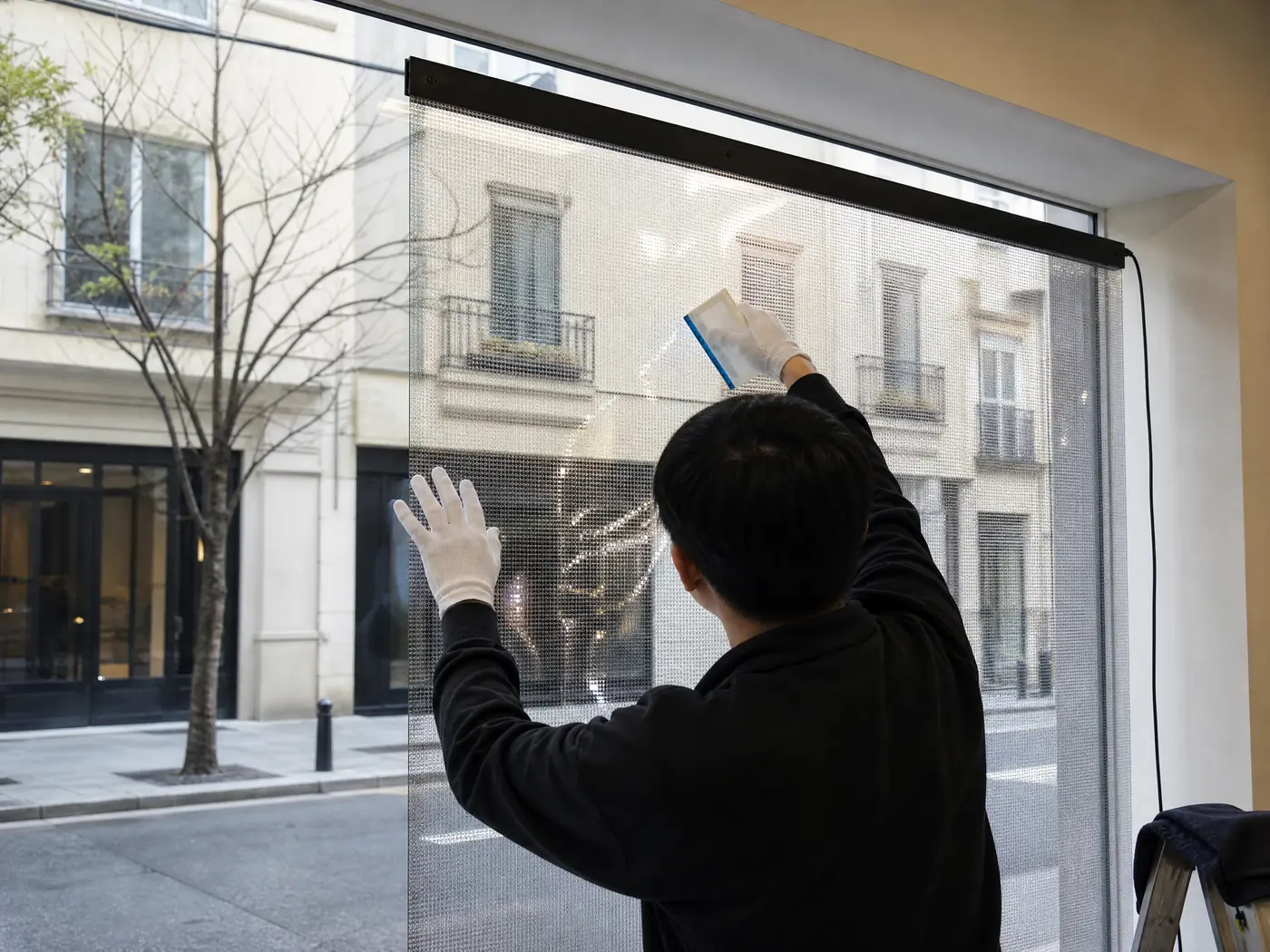 Technician applying a module of transparent LED film to the inside of a shop window