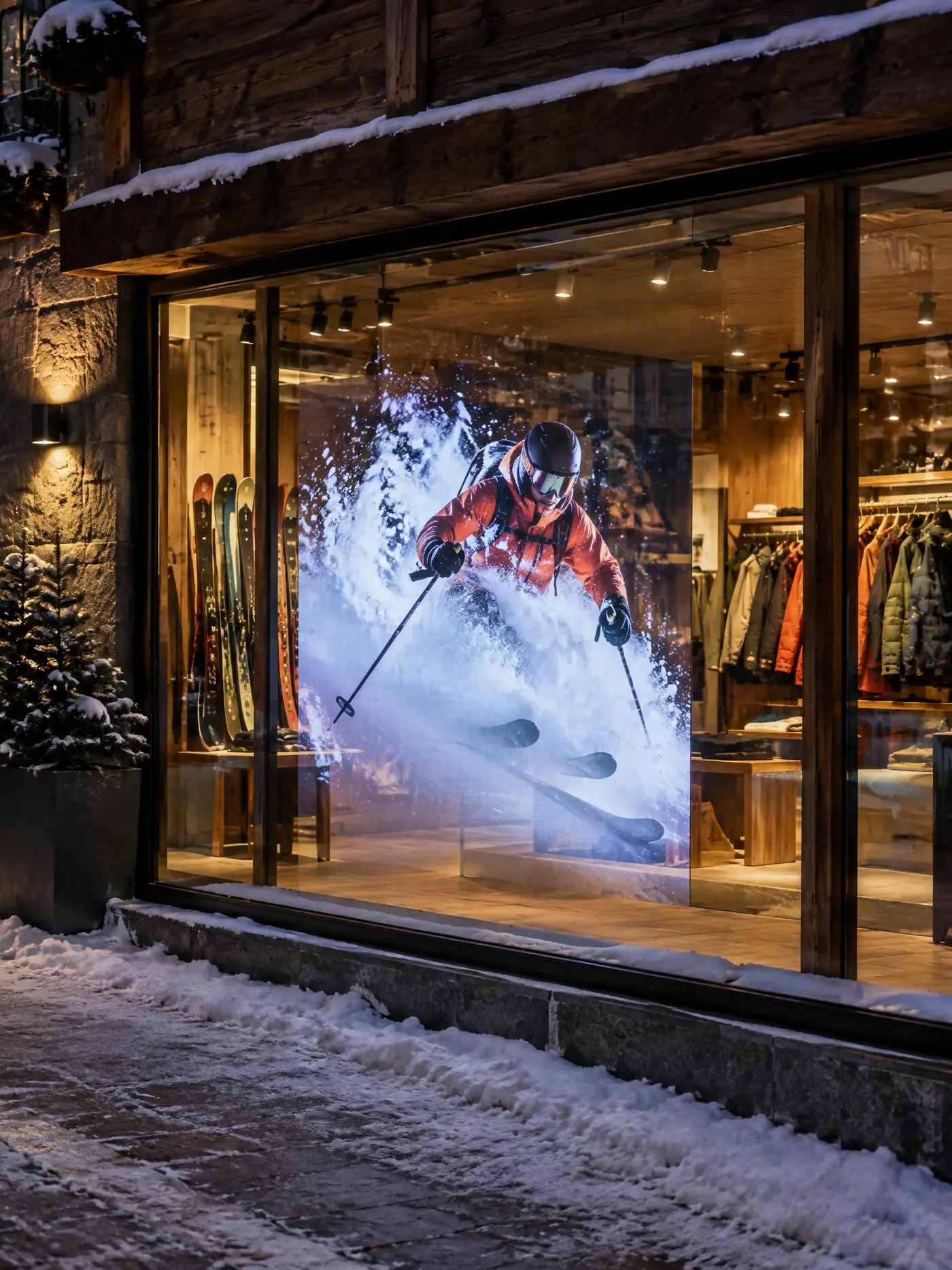 Shop window fitted with transparent LED film at night