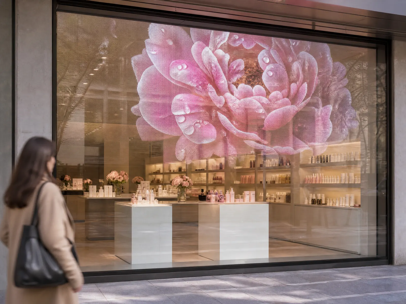 Beauty store window covered by LED film showing a pink peony, the shelves still visible through the glass