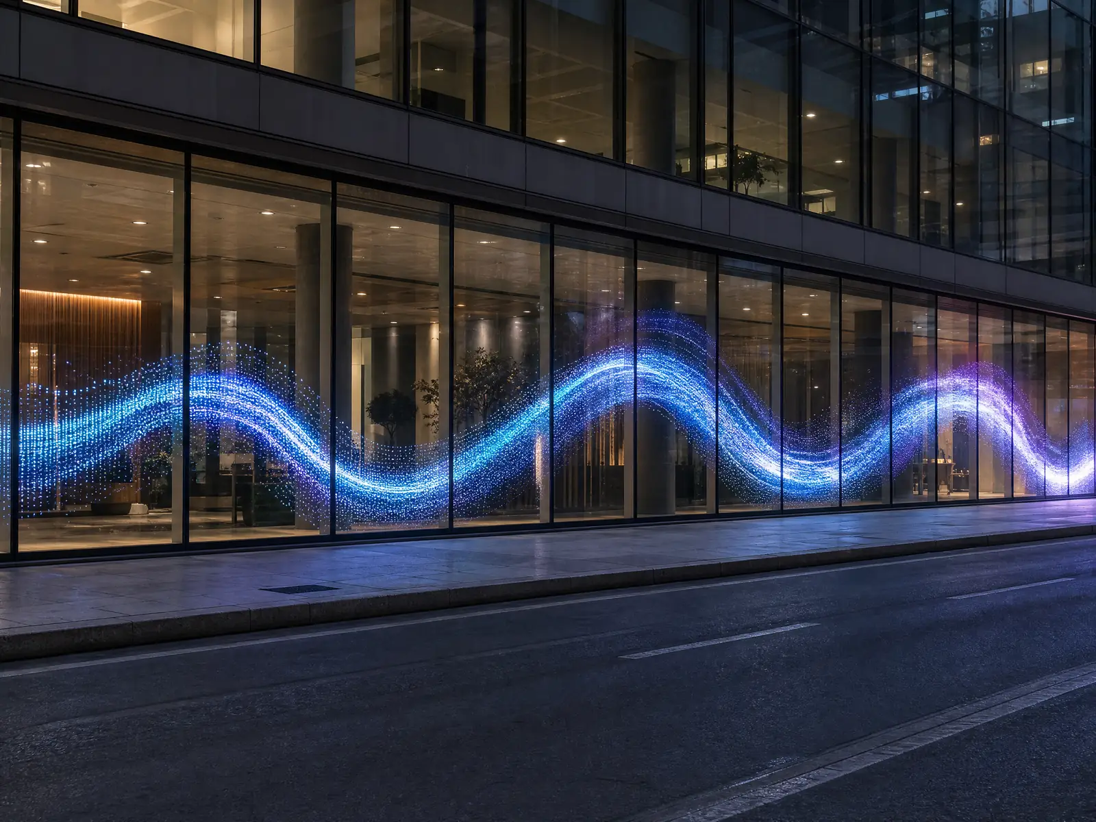 Glass façade at night fitted with transparent LED film, a wave of light running along the glazing