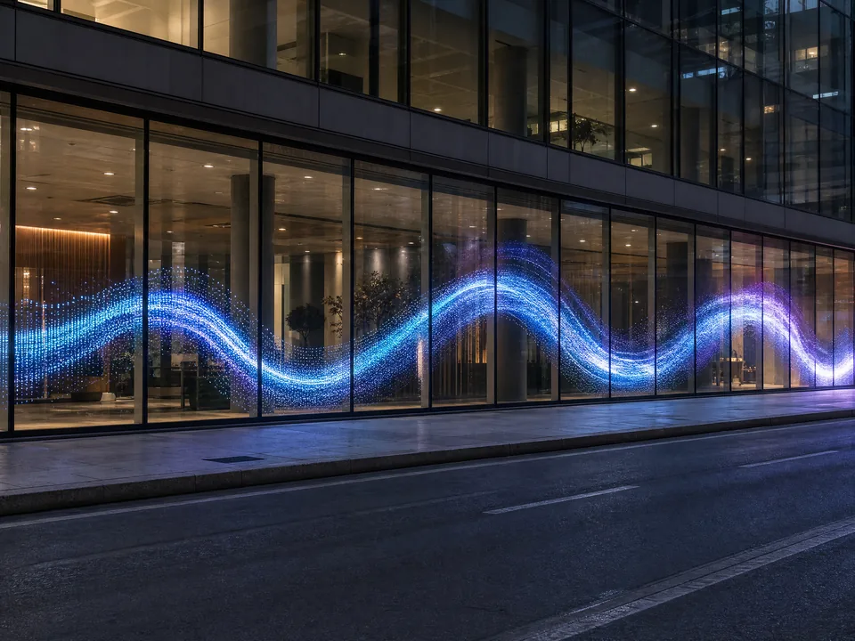 Glass facade fitted with transparent LED film
