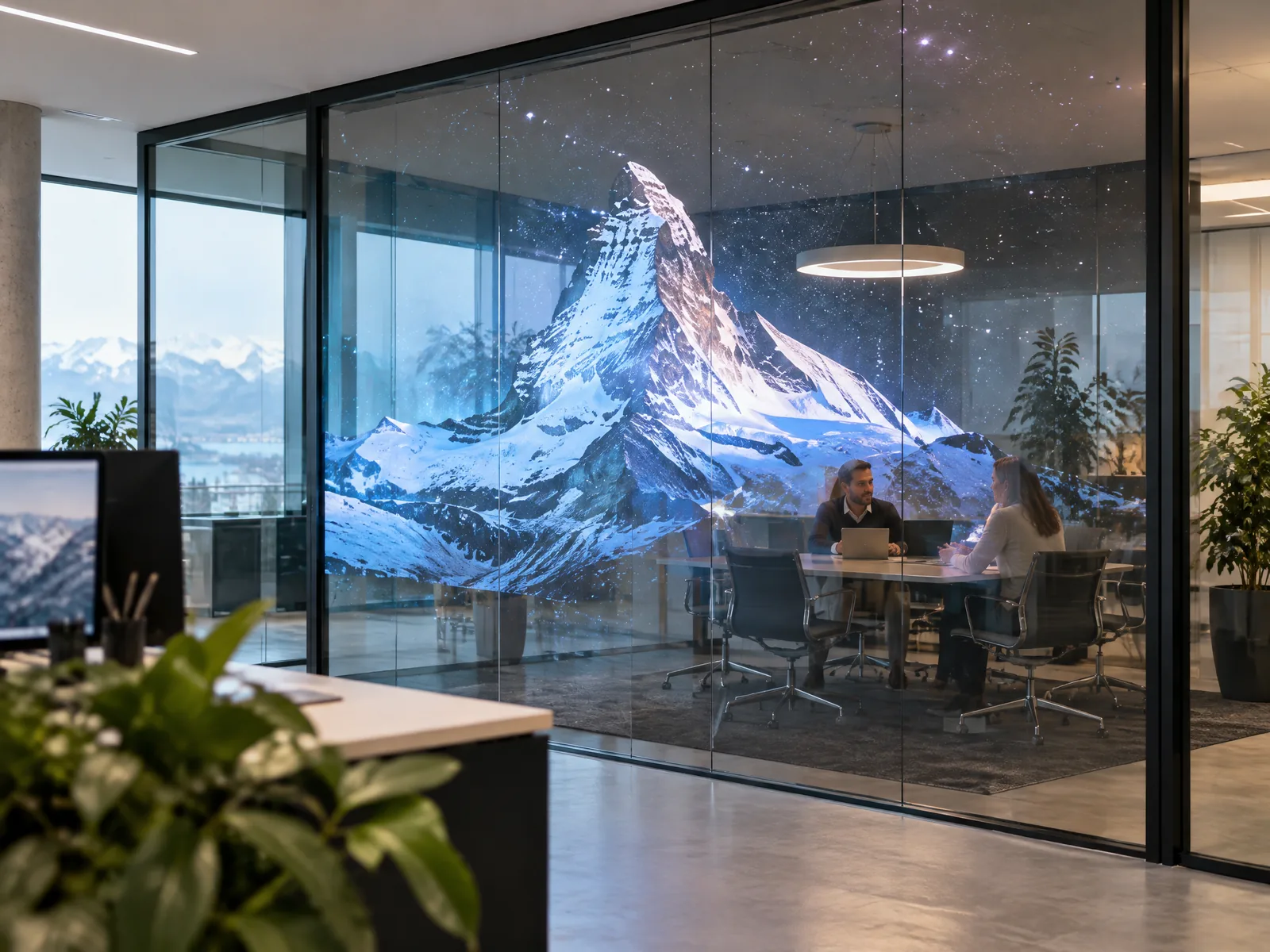 Glass meeting-room partition fitted with transparent LED film, a snowy peak on the glass and the room visible behind