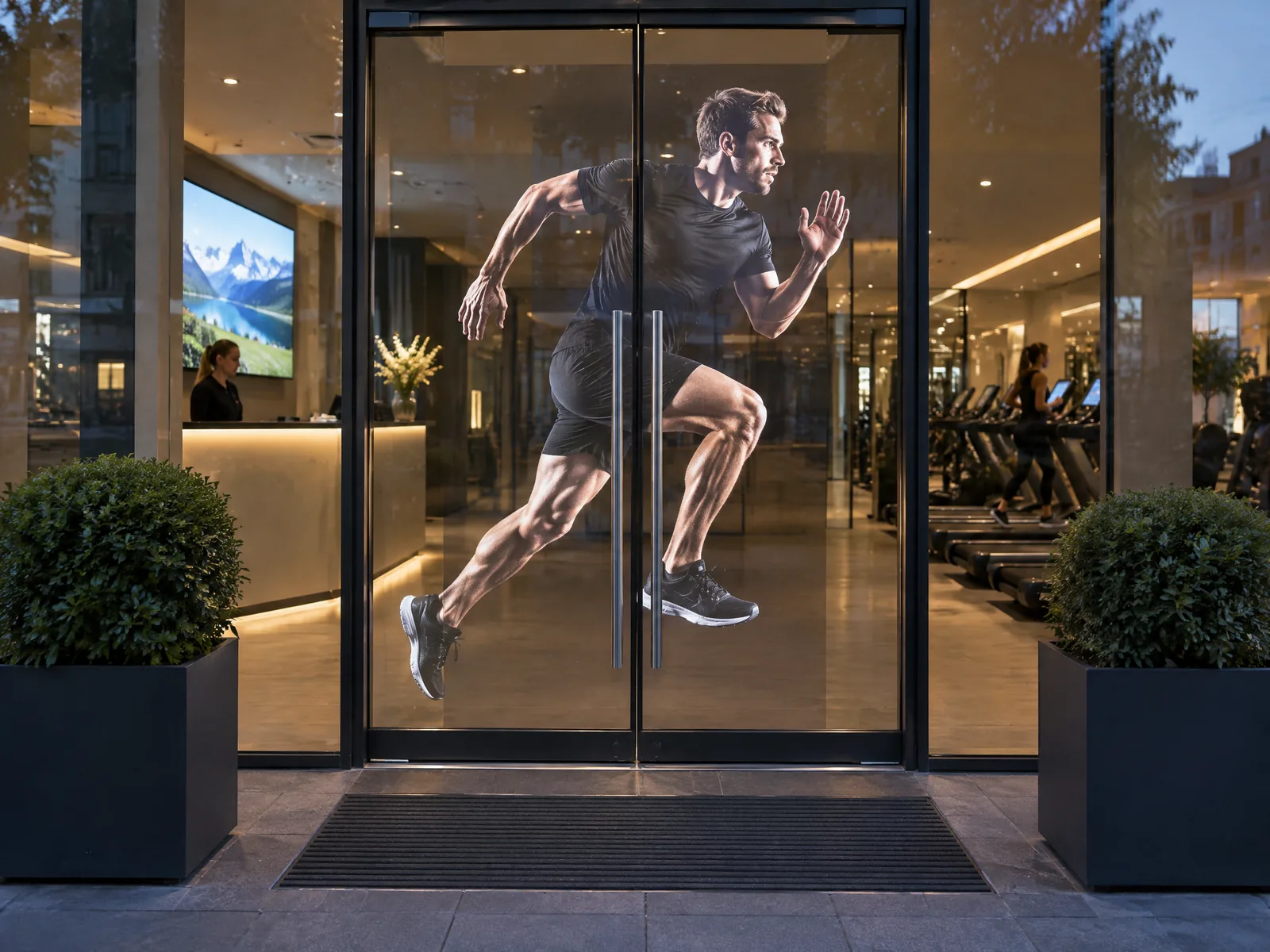 Glass entrance door fitted with transparent LED film, a runner on the glass and the hall visible behind