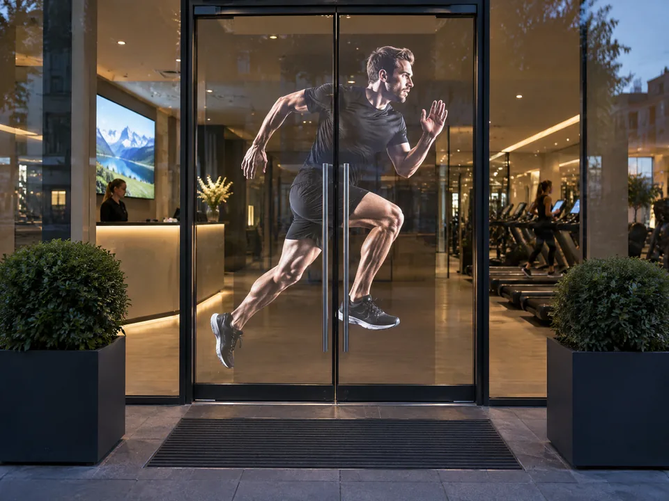 Glass door fitted with transparent LED film