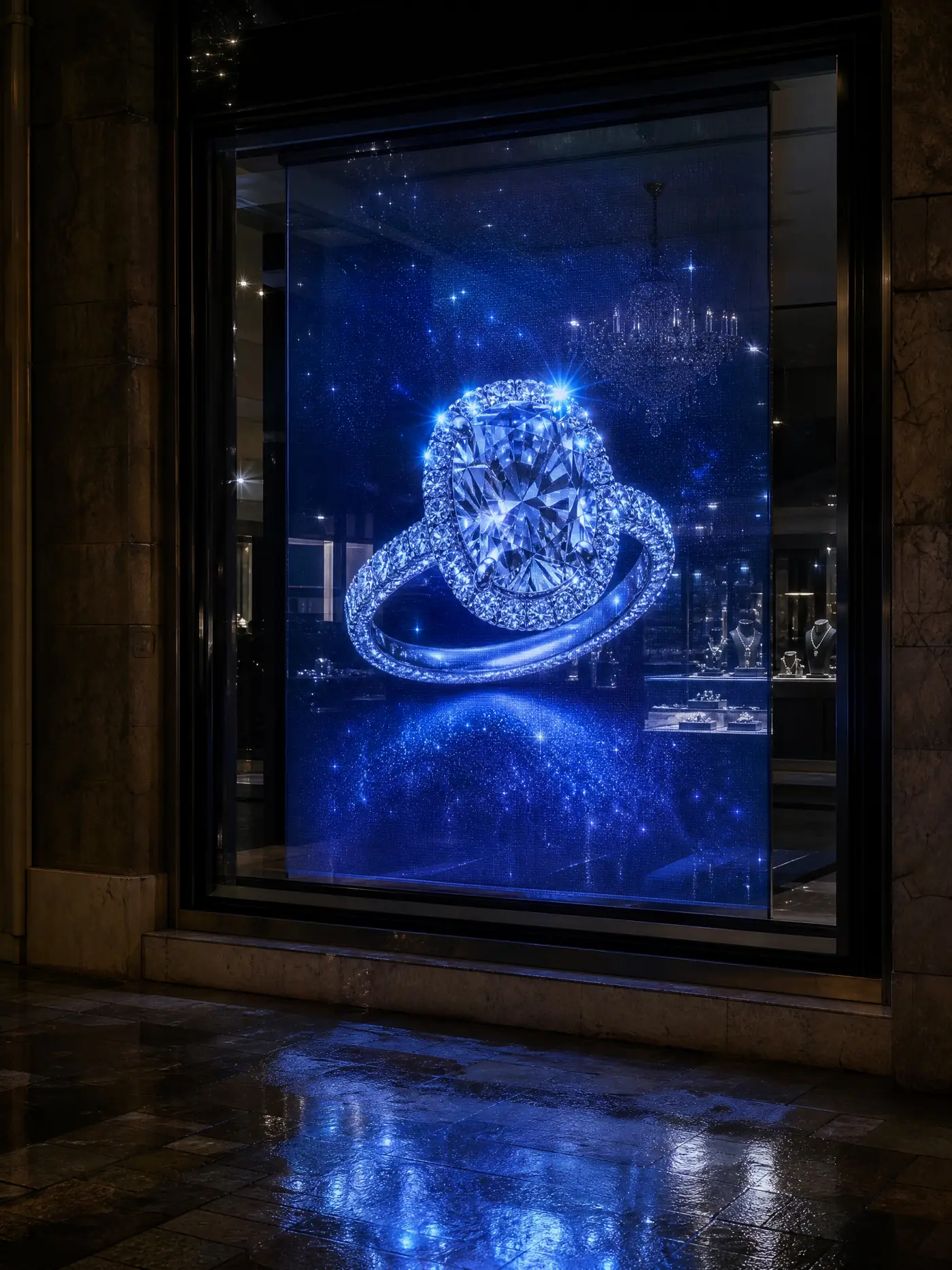 Shop window fitted with LED film showing scheduled content at night