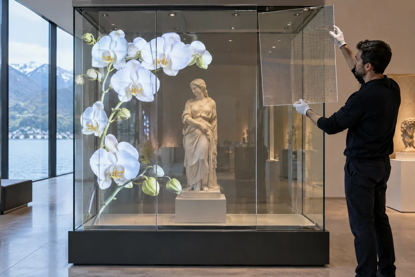 Transparent MicroLED display made of modular panels on the front of a display case