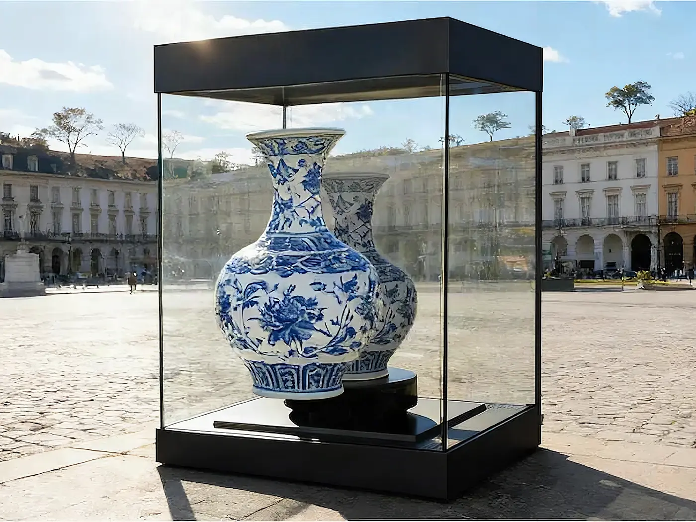 Transparent MicroLED display case in direct sunlight, the picture still readable