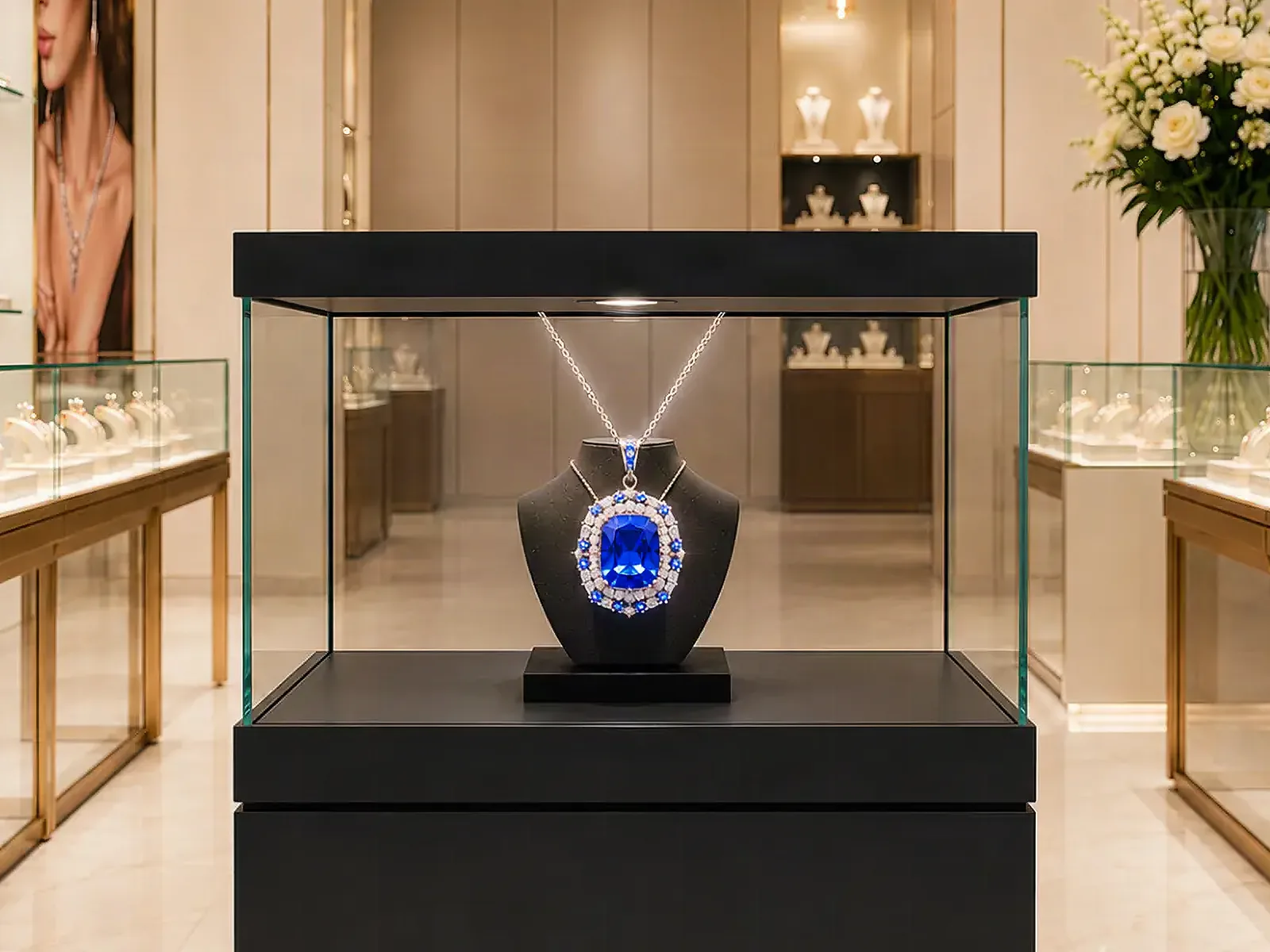 Glass display case in a jewellery boutique, a sapphire and diamond necklace on a black bust