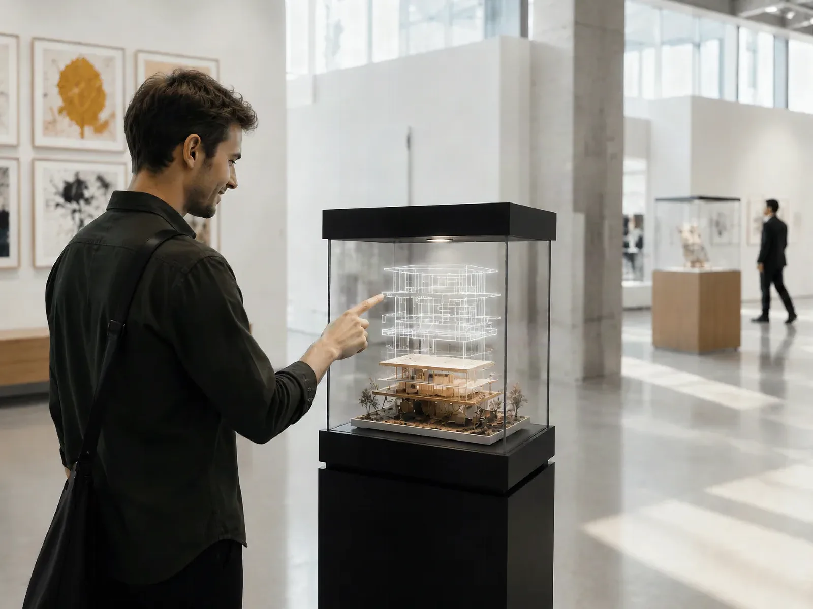 Visitor touching the glass of a transparent MicroLED display case in a museum, a model inside