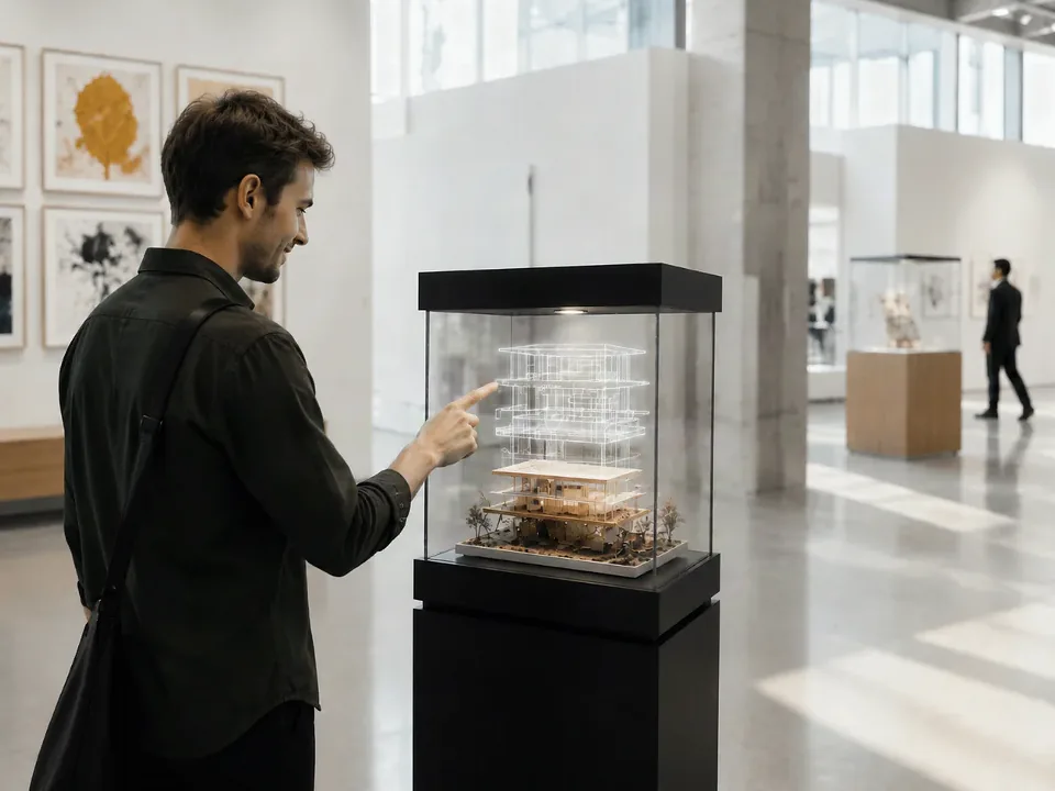 Transparent MicroLED display case in a museum with an exhibit inside