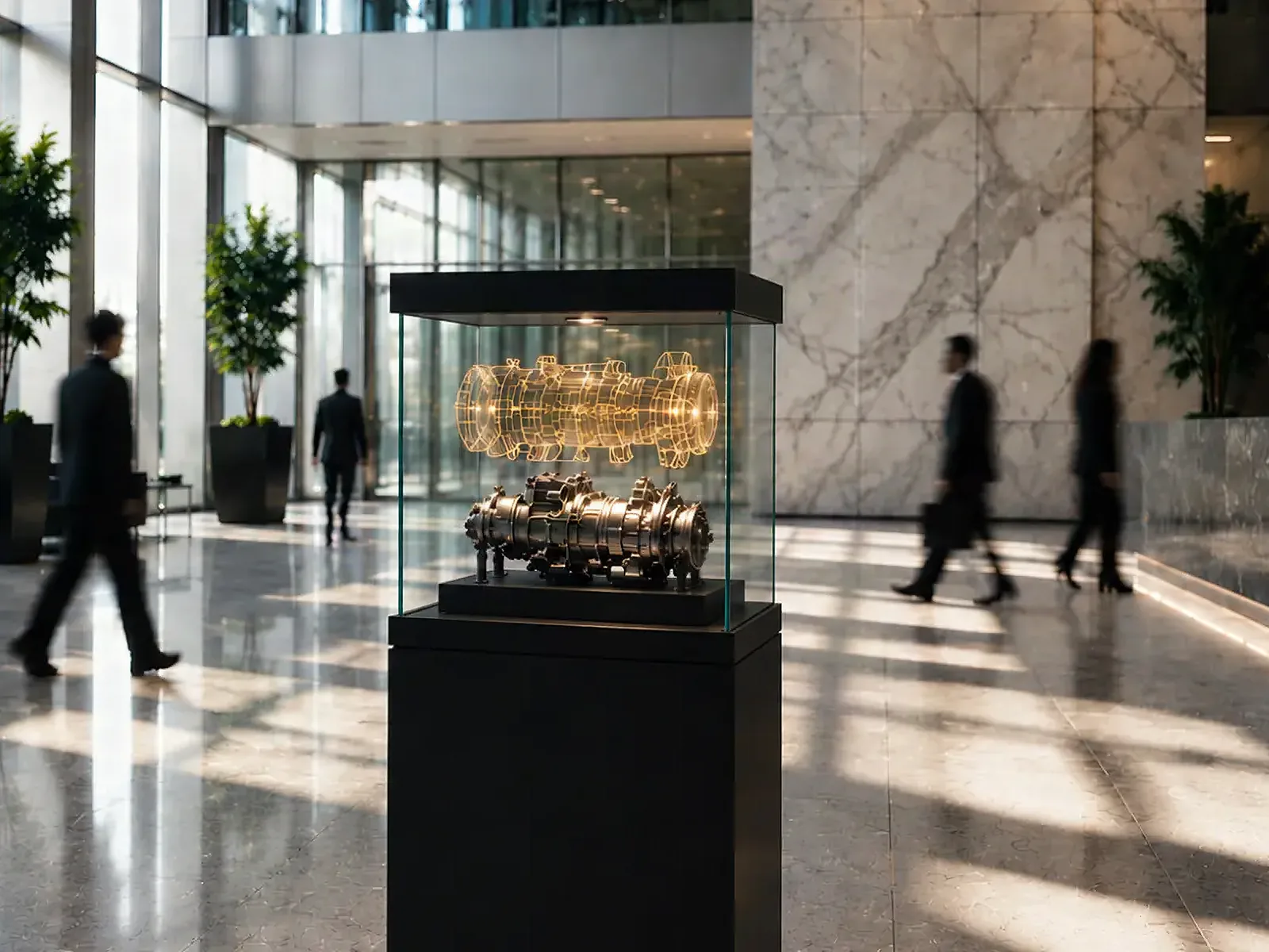Transparent MicroLED display case in a sunlit shopping centre, the object inside still in view