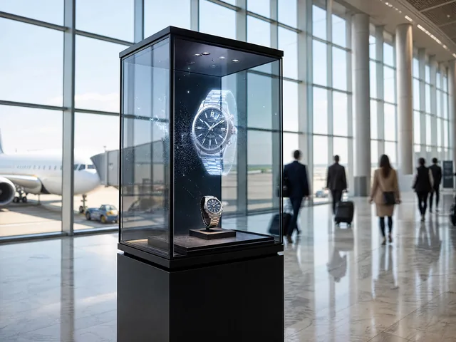 Glass display case on a black plinth in an airport hall: a watch on a stand inside, a large picture of the watch floating on the glass above it