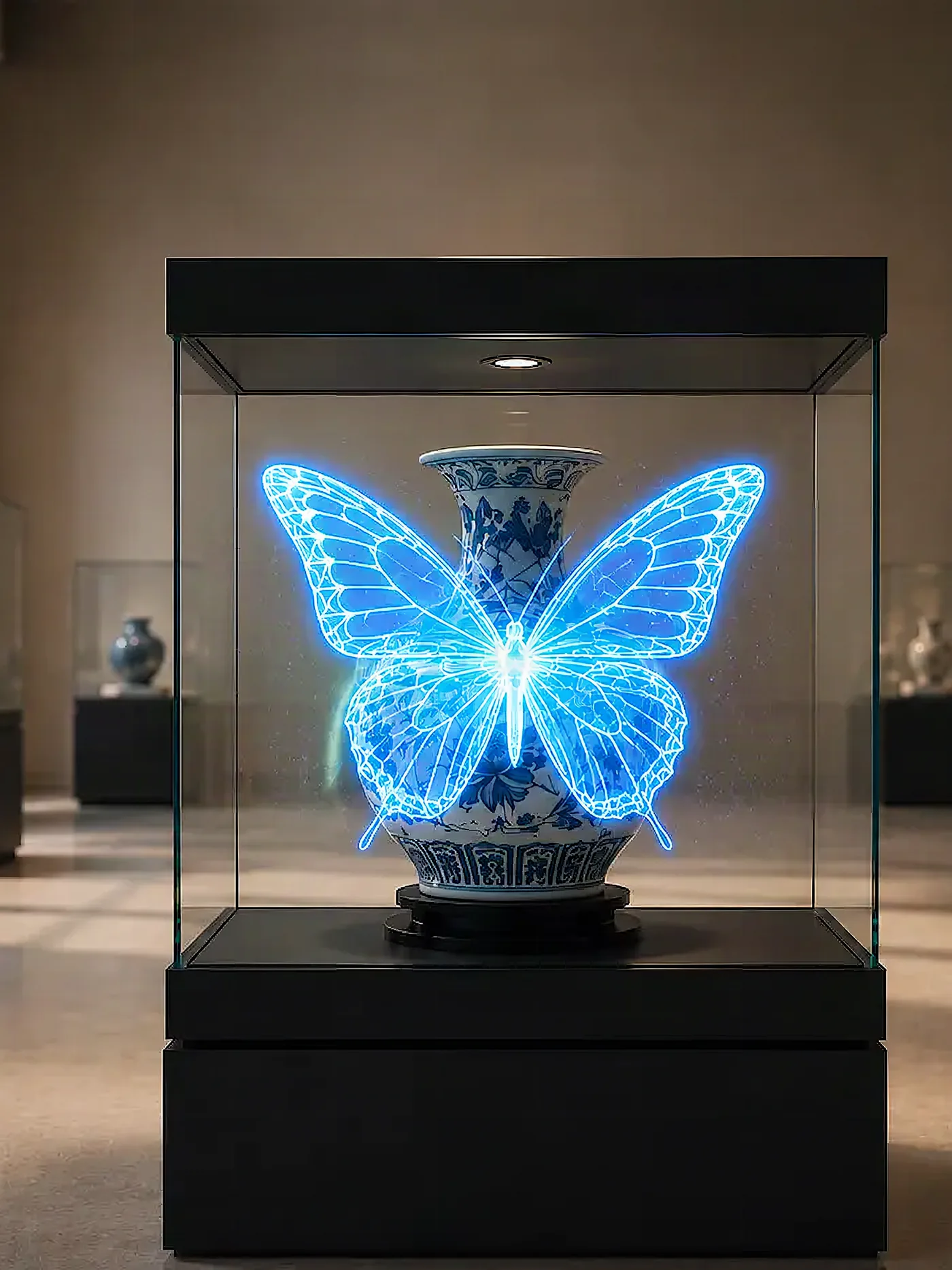 Content playing on a transparent MicroLED display case around a real object