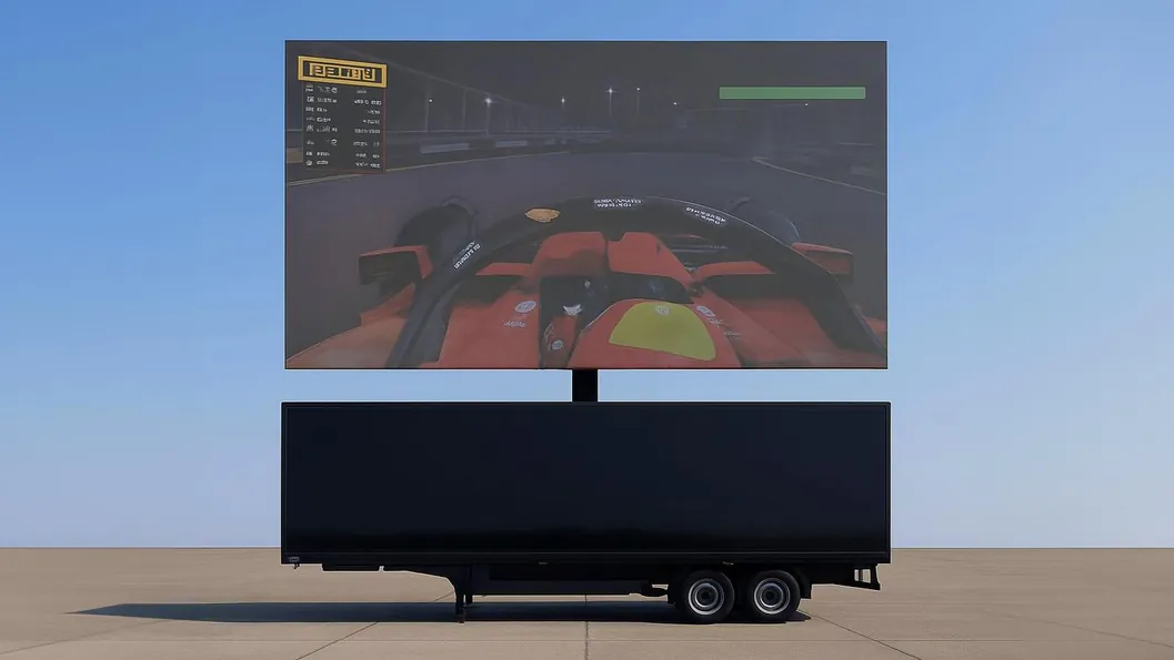 63 m² LED trailer with its 10.5 × 6 m screen raised above the trailer body