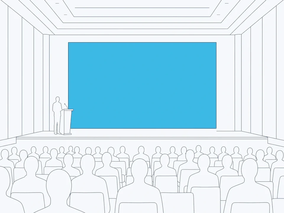 Line illustration of a giant event LED wall on a conference stage, presenter at a lectern, audience seen from behind