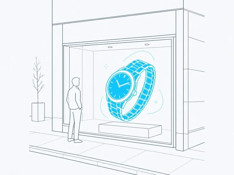 Line illustration of a shop window where a watch floats in mid-air, a man looking at it