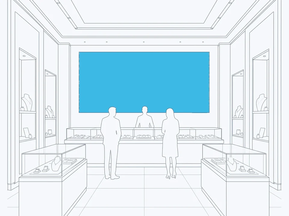 Line illustration of a fixed giant LED wall on the back wall of a jewellery boutique