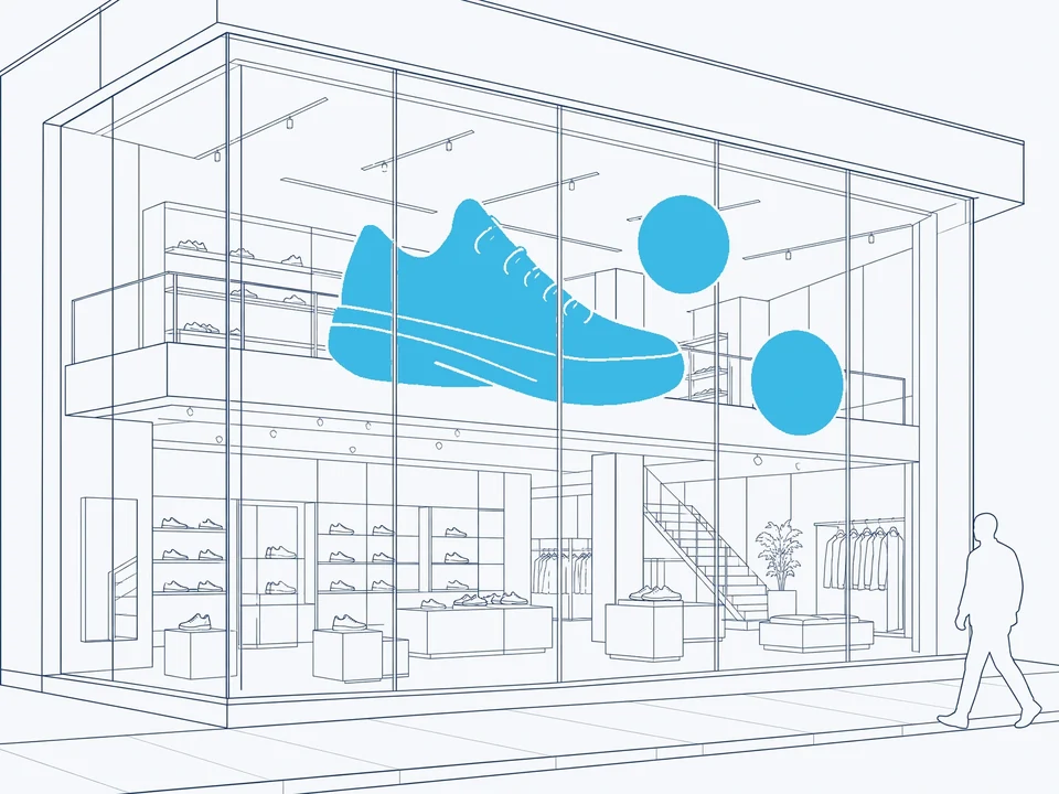 Line illustration of a shop glass facade where the picture seems to float behind the glass