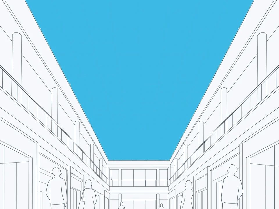 Line illustration of an LED ceiling above a shopping gallery