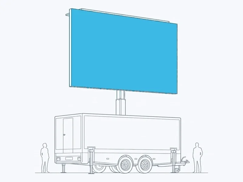 Line illustration of a mobile LED trailer with its screen raised on a telescopic mast