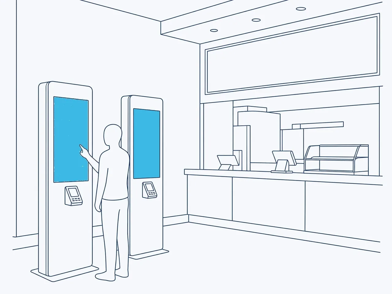 Line drawing: self-service kiosks in place
