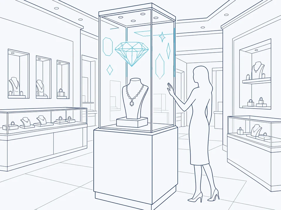 Line illustration of a transparent MicroLED display case in a jewellery boutique, a customer touching the glass