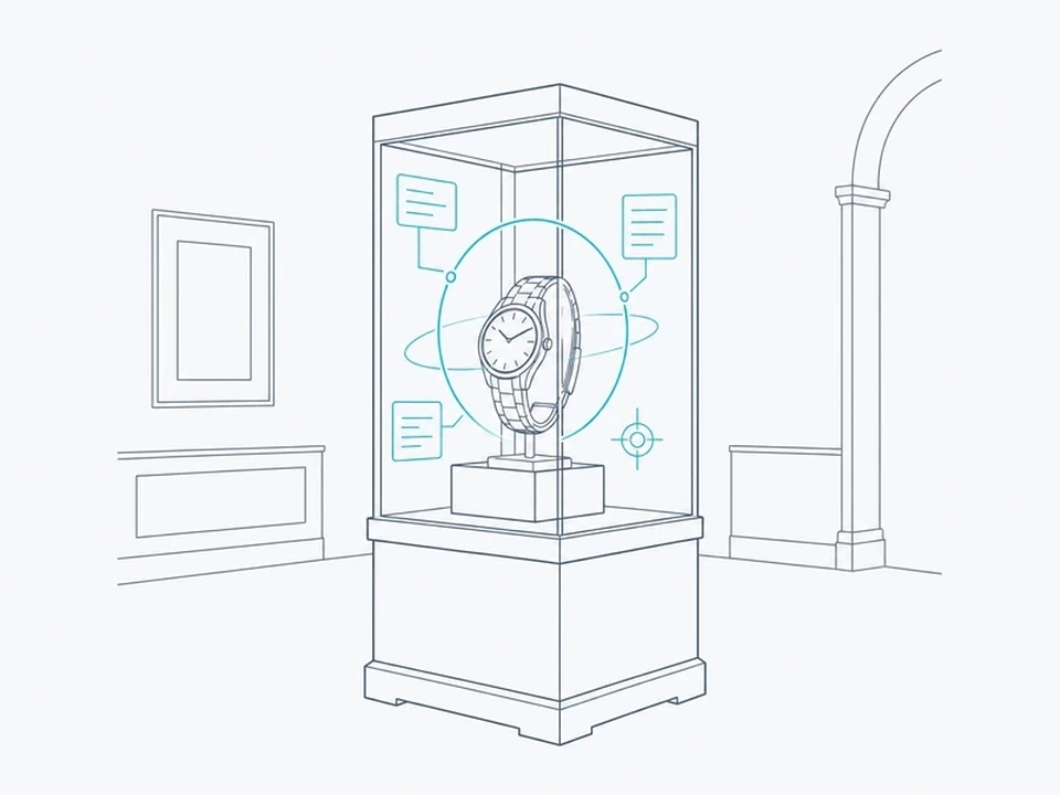 Line illustration of a transparent OLED display in a display case